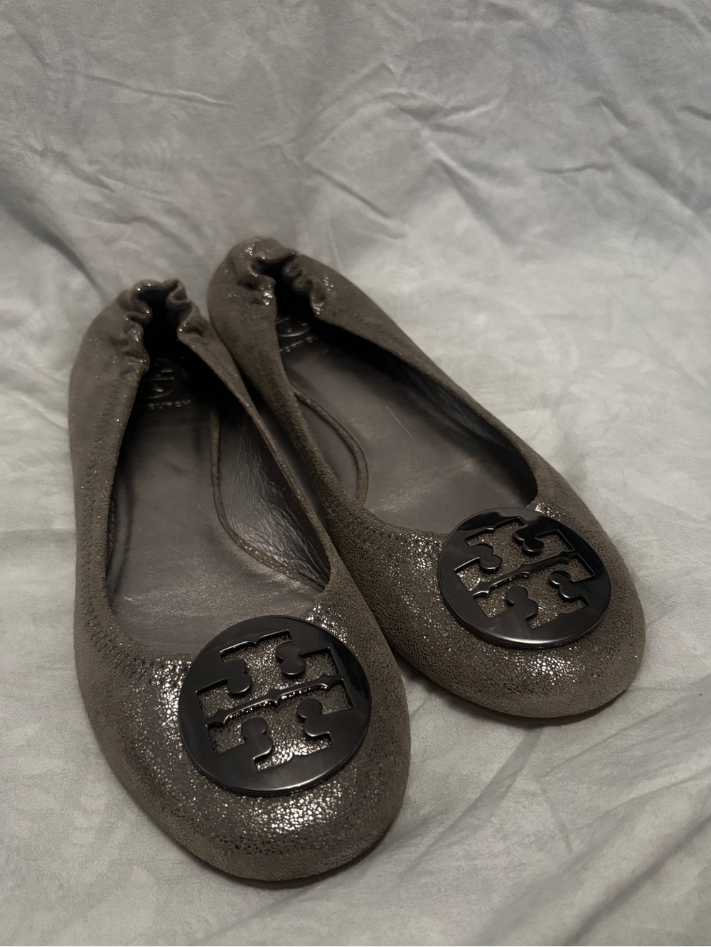 Tory Burch Glittery Pewter Logo Ballet Flats
